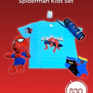 Marvel Spiderman Blue Kids Collection T-shirt, Bottle, 2 Socks Pairs, Toy, 15 St